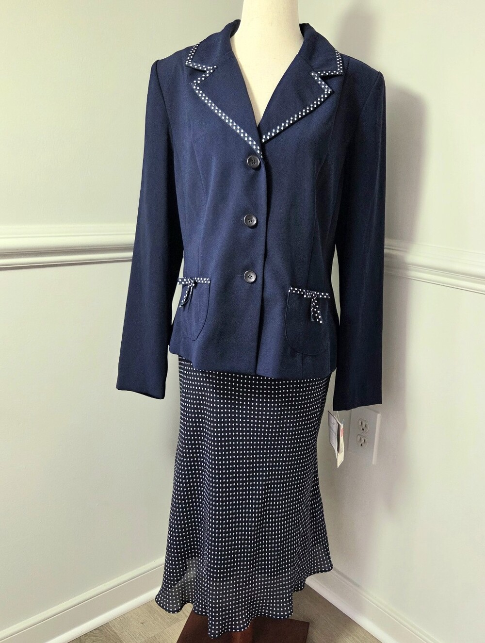 NWT Y2K Retro Polka Dot Skirt Suit Set Navy Preppy Blazer Size 8 Sag Harbor